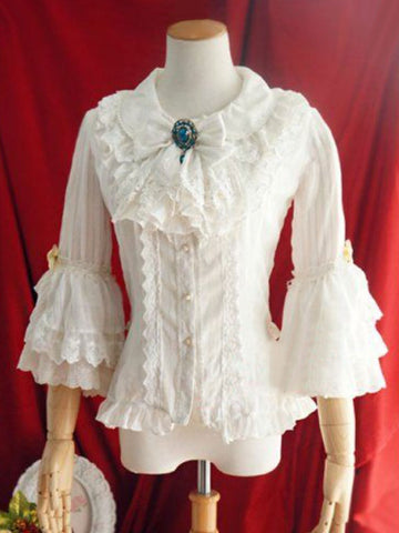 Lolita Wedding Dress Lolita Blouses Lolita Top Ruffles Bows 3/4 Length Sleeves Blouse Stripes Ecru White Lolita Shirt