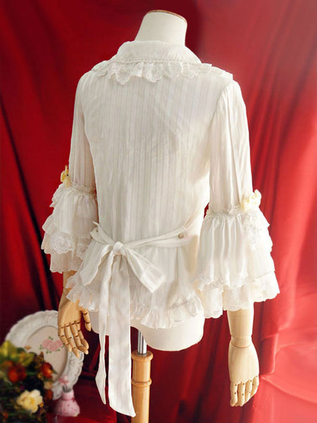 Lolita Wedding Dress Lolita Blouses Lolita Top Ruffles Bows 3/4 Length Sleeves Blouse Stripes Ecru White Lolita Shirt