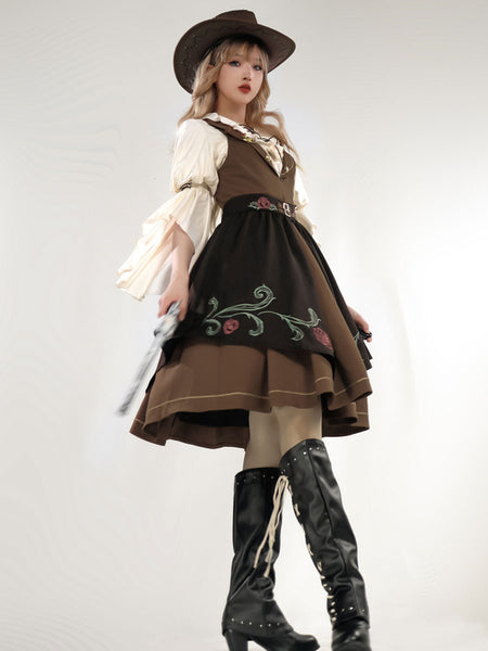 Classical Lolita Dress Polyester 3/4 Length Sleeves Floral Print Lolita Dresses Academic Coffee Brown
