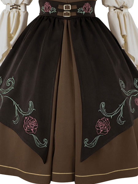Classical Lolita Dress Polyester 3/4 Length Sleeves Floral Print Lolita Dresses Academic Coffee Brown