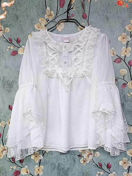 Classic Lolita Blouses Infanta Fairytale Black Lolita Top 3/4 Length Sleeves Lace Pleated Lolita Shirt