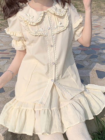 Academic Lolita Blouses Lolita Top Bows Ruffles Long Sleeves Blouse Apricot Lolita Shirt