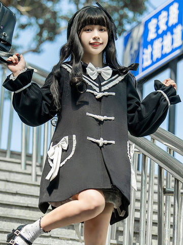 Academic Lolita Coats Black Coat Bows Ruffles Overcoat Polyester Spring Lolita Outwears