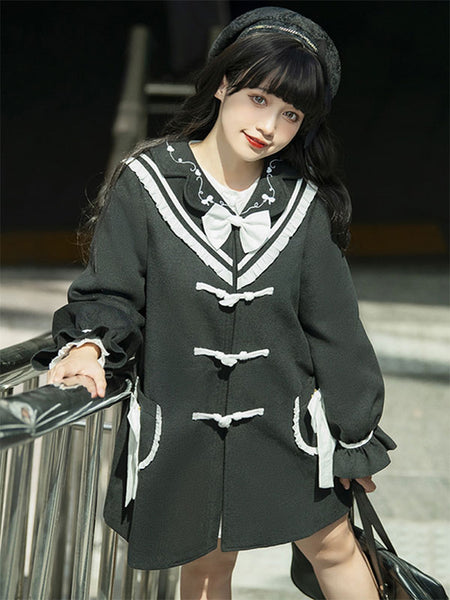 Academic Lolita Coats Black Coat Bows Ruffles Overcoat Polyester Spring Lolita Outwears