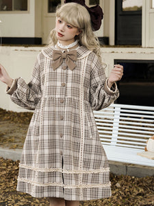 Academic Lolita Coats Coffee Brown Coat Plaid Overcoat Polyester Fall Lolita Outwears