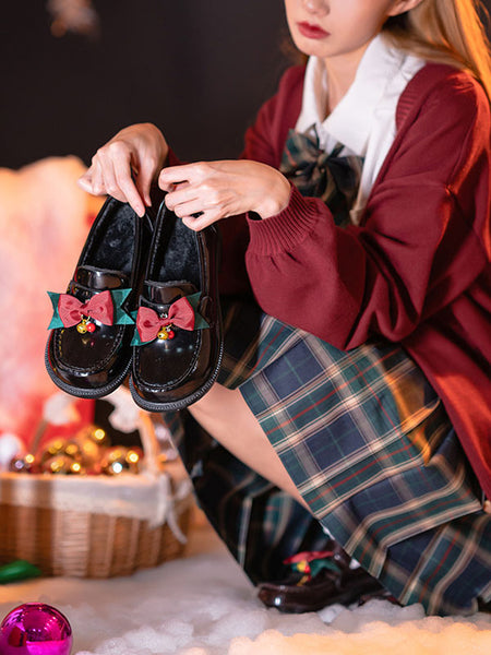 Academic Lolita Footwear Black Bows Round Toe PU Leather Lolita Pumps