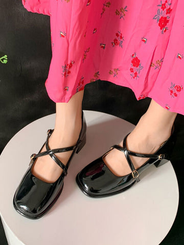 Academic Lolita Footwear Black Criss-Cross PU Leather Chunky Heel Lolita Pumps