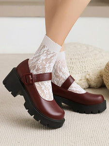Academic Lolita Footwear Burgundy PU Leather Chunky Heel Lolita Pumps