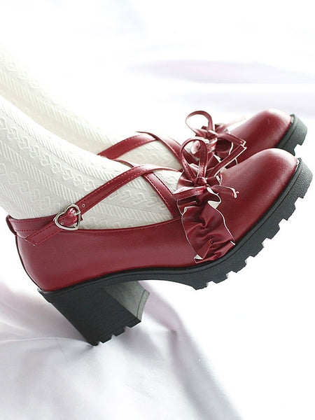 Academic Lolita Footwear Deep Brown Ruffles Bows Round Toe PU Leather Lolita Shoes