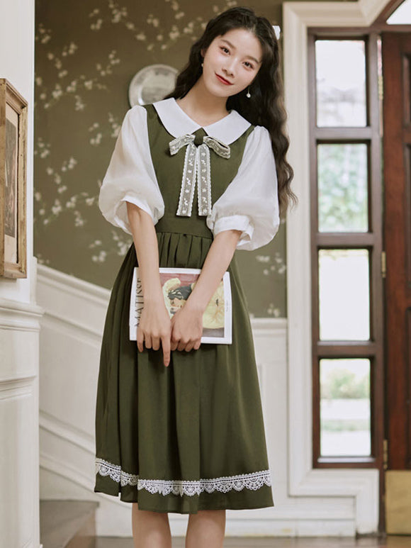 Academic Lolita OP Dress Bows Light Green Short Sleeves Lolita One Piece Dresses
