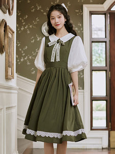 Academic Lolita OP Dress Bows Light Green Short Sleeves Lolita One Piece Dresses