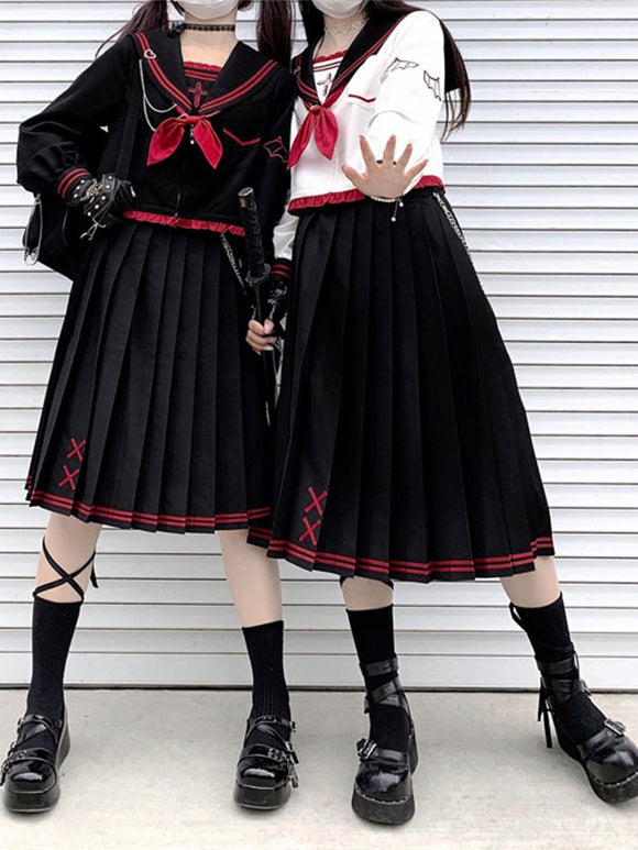 Academic Lolita Outfits Black Bows Long Sleeves Top Skirt