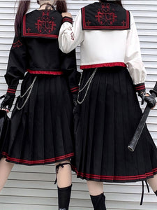 Academic Lolita Outfits Black Bows Long Sleeves Top Skirt