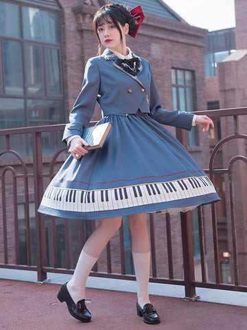 Academic Lolita Outfits Blue Stripes Long Sleeves Overcoat Skirt Cravat