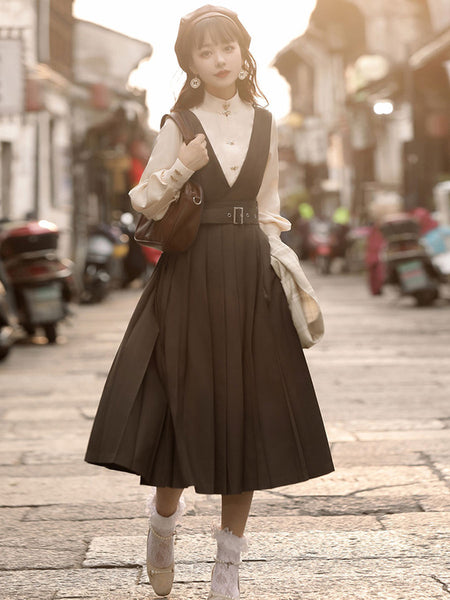 Academic Lolita Outfits Coffee Brown Long Sleeves Skirt Blouse