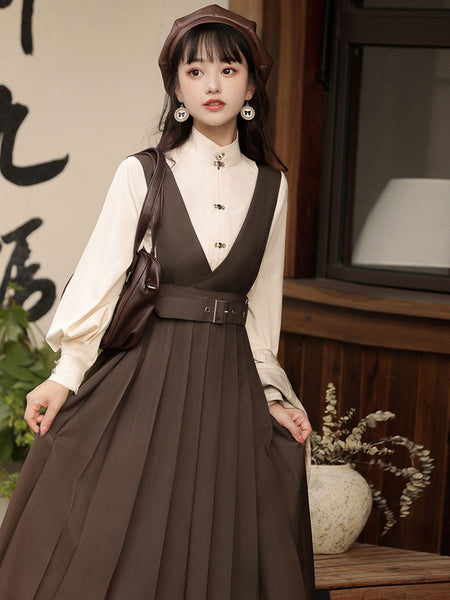 Academic Lolita Outfits Coffee Brown Long Sleeves Skirt Blouse