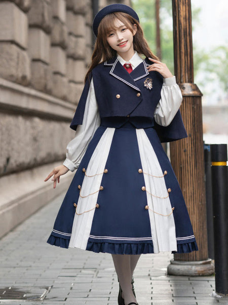 Academic Lolita Outfits Dark Navy Long Sleeves Cape Top Skirt