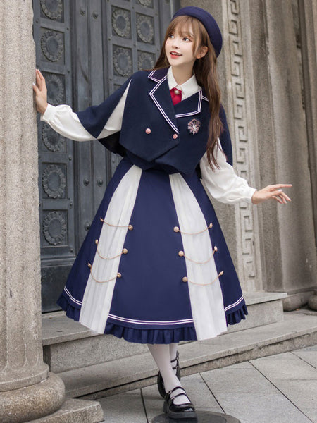 Academic Lolita Outfits Dark Navy Long Sleeves Cape Top Skirt