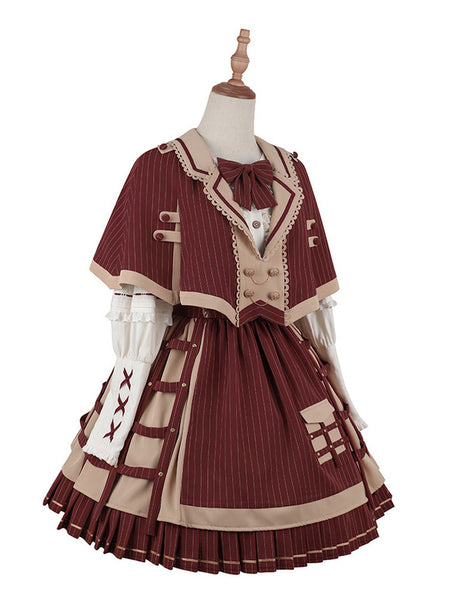 Academic Lolita Outfits Dark Red Chains Stripes Long Sleeves Cloak Skirt Hat