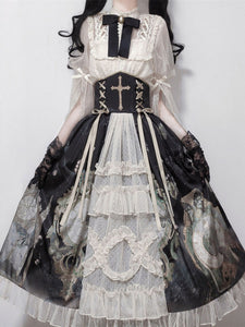 Academic Lolita Outfits Ecru White Lace Long Sleeves Blouse Skirt