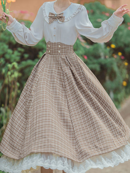 Academic Lolita Outfits Khaki Lace Ruffles Bows Plaid Long Sleeves Skirt Blouse