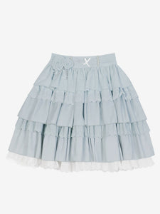Academic Lolita Outfits Light Sky Blue Ruffles Lace Short Sleeves Top Skirt
