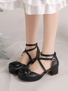 Academic Lolita Sandals Bows Round Toe PU Leather Black Lolita Summer Shoes