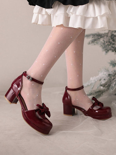 Academic Lolita Sandals Bows Round Toe PU Leather Burgundy Lolita Summer Shoes
