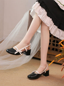 Academic Lolita Sandals Bows Pearls Round Toe PU Leather Black Lolita Summer Shoes