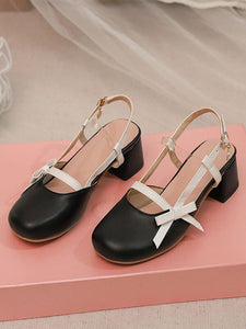 Academic Lolita Sandals Bows Pearls Round Toe PU Leather Black Lolita Summer Shoes