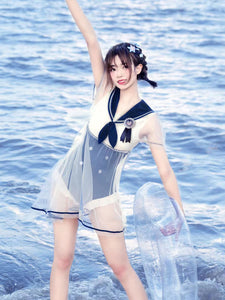 Academic Lolita Swimsuits Blue Bows Ruffles Sleeveless One Piece