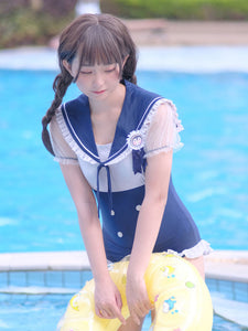Academic Lolita Swimsuits Blue Bows Ruffles Sleeveless One Piece