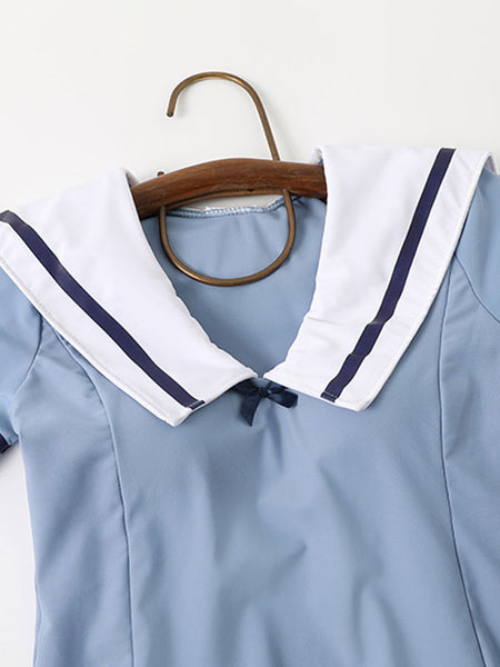 Academic Lolita Swimsuits Deep Blue Bows Short Sleeves Dress Pants