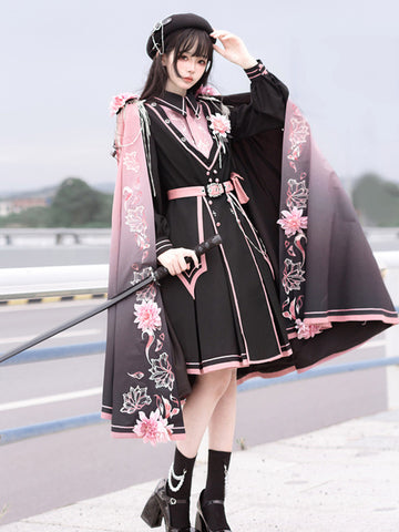Army Lolita Poncho Black Polyester Chains Embroidered Floral Print Lolita Outwears