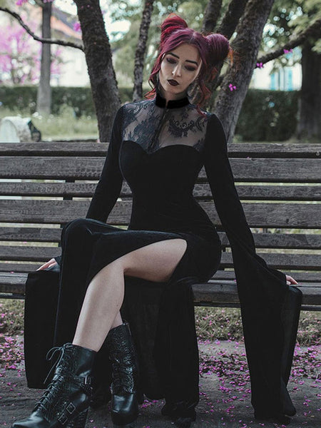 Black Gothic Dress Bell Long Sleeves Lace Lolita Dress