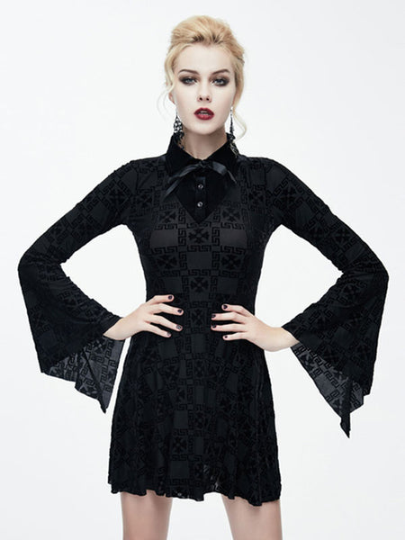 Black Gothic Dress Long Seelves Lace Stand Collar Lace Lolita Dress