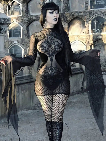 Black Gotic Dress Long Sleeves Sheer Bodycon Lolita Dress