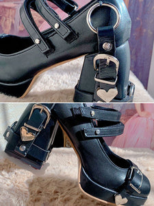 Black Lolita Footwear Grommets PU Leather Chunky Heel Lolita Pumps