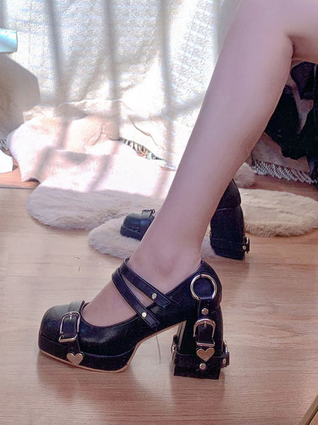 Black Lolita Footwear Grommets PU Leather Chunky Heel Lolita Pumps