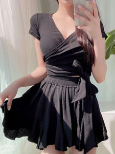 Black Lolita Outfits Ruffles Short Sleeves Top Pants Swimsuit