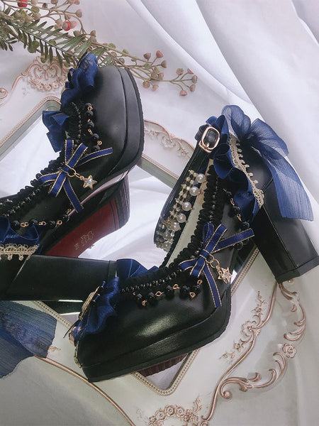 Black Lolita;Lace Chains Round Toe PU Leather Lolita Shoes