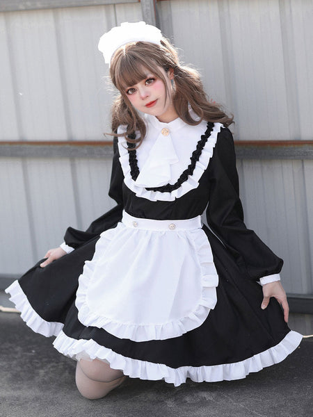 Black Maid Lolita Dresses Ruffles Long Sleeves Double Buckles Lolita Dress