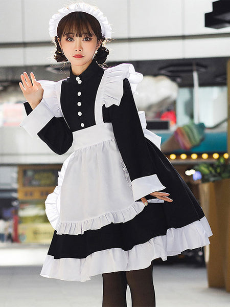 Black Maid Lolita Dresses Ruffles White Apron Lolita Dress