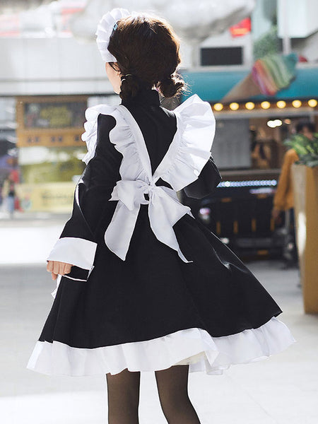 Black Maid Lolita Dresses Ruffles White Apron Lolita Dress