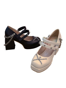 Black+White Lolita Footwear Chains PU Leather Chunky Heel Lolita Shoes