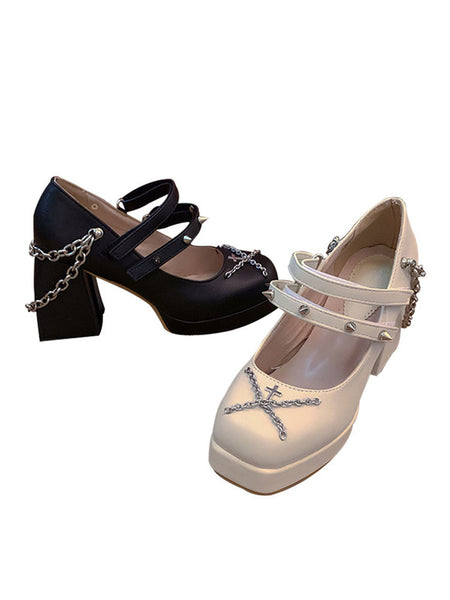 Black+White Lolita Footwear Chains PU Leather Chunky Heel Lolita Shoes