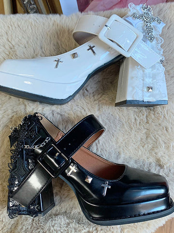 Black+White Lolita Footwear Chains Square Toe PU Leather Lolita Pumps
