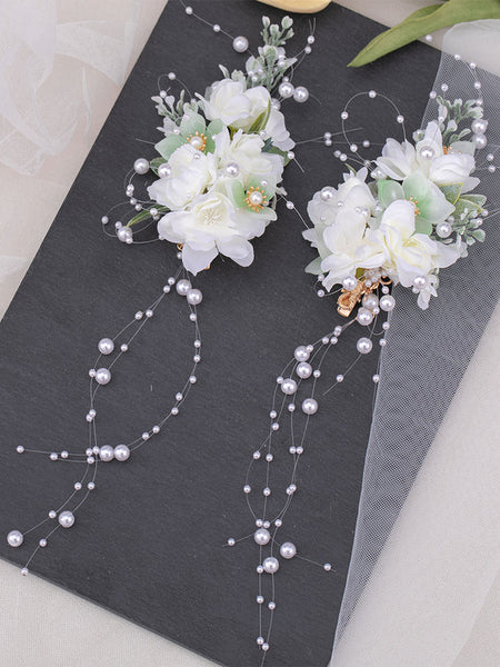 Chinese Style Lolita Accessories Ecru White Flowers Pearls Chains Metal Accessory Miscellaneous