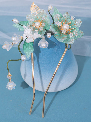 Chinese Style Lolita Accessories Light Green Pearls Flowers Metal Headwear Miscellaneous