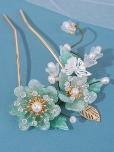 Chinese Style Lolita Accessories Light Green Pearls Flowers Metal Headwear Miscellaneous